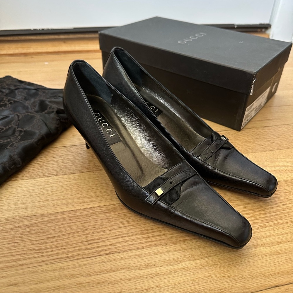Gucci size 6.5 36.5 Pumps Shoes Square Toe Black Leather heels‎ with box vintage